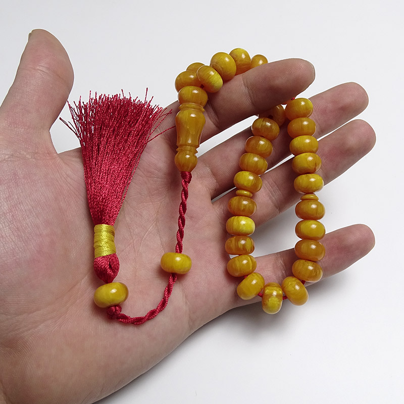 Basık Model  Bol Hareli Örgü Tasarımlı Eskitme Kehribarı Tesbih