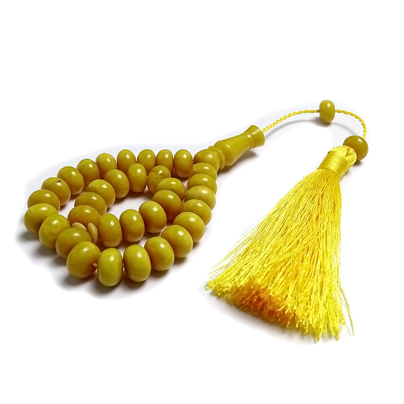 Bilek Boy Örgü Tasarımlı Basık Model Sarı Renk Kehribar Tesbih 