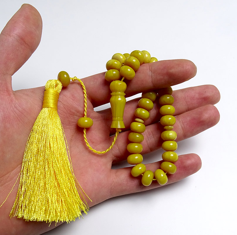 Bilek Boy Örgü Tasarımlı Basık Model Sarı Renk Kehribar Tesbih 