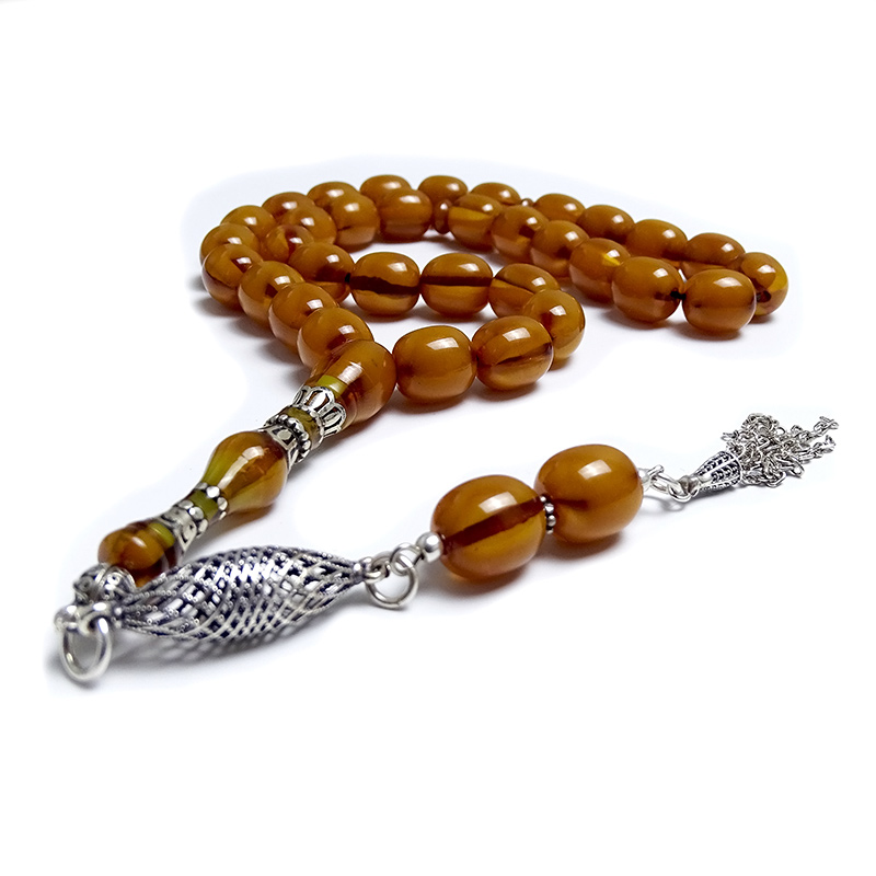 Eskitme Kesim Gümüş Tasarımlı Eskitme Sıkma Kehribarı Tesbih 