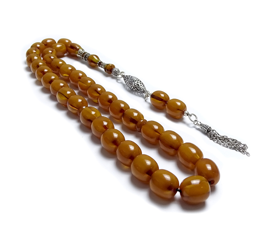 Eskitme Kesim Gümüş Tasarımlı Eskitme Sıkma Kehribarı Tesbih 