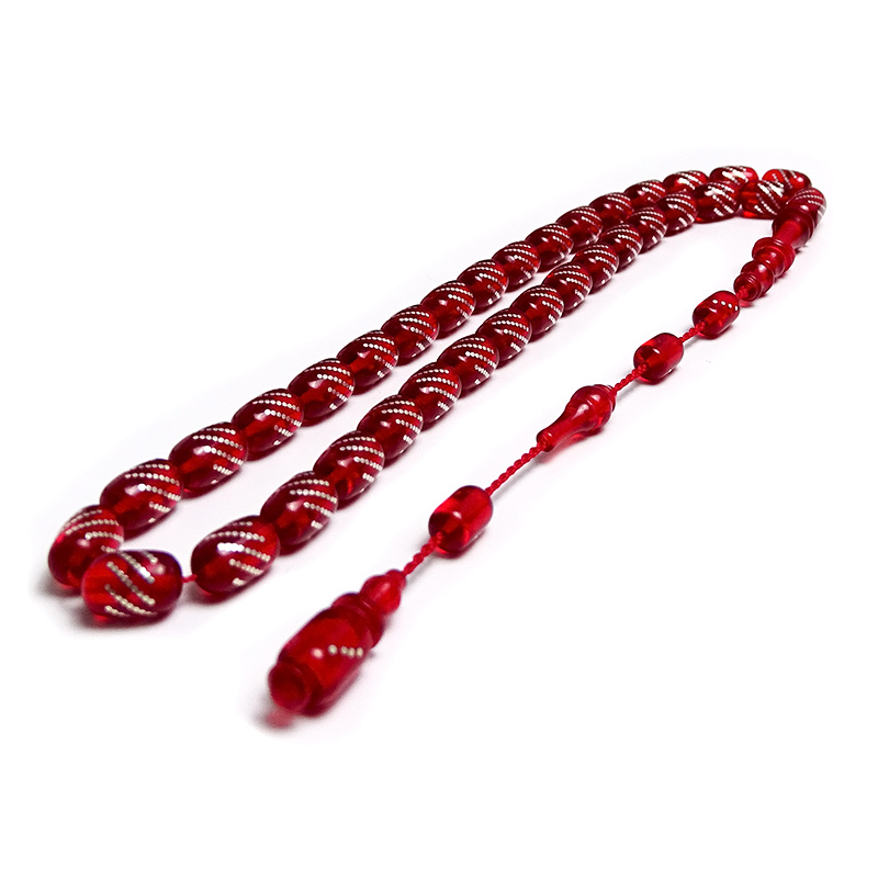 Gümüş Çakımlı Kapsul Kesim Kırmızı Renk Kehribar Tesbih 