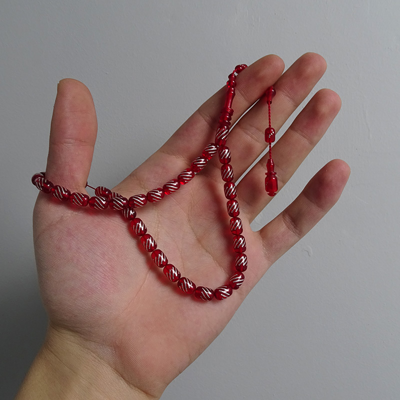 Gümüş Çakımlı Kapsul Kesim Kırmızı Renk Kehribar Tesbih 