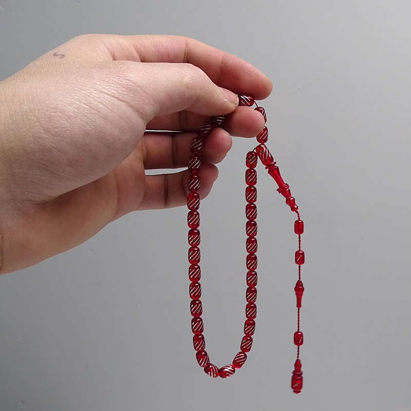 Gümüş Çakımlı Kapsul Kesim Kırmızı Renk Kehribar Tesbih 