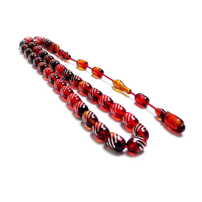 Gümüş Çakımlı Turuncu Siyah Renk Kehribar Tesbih 