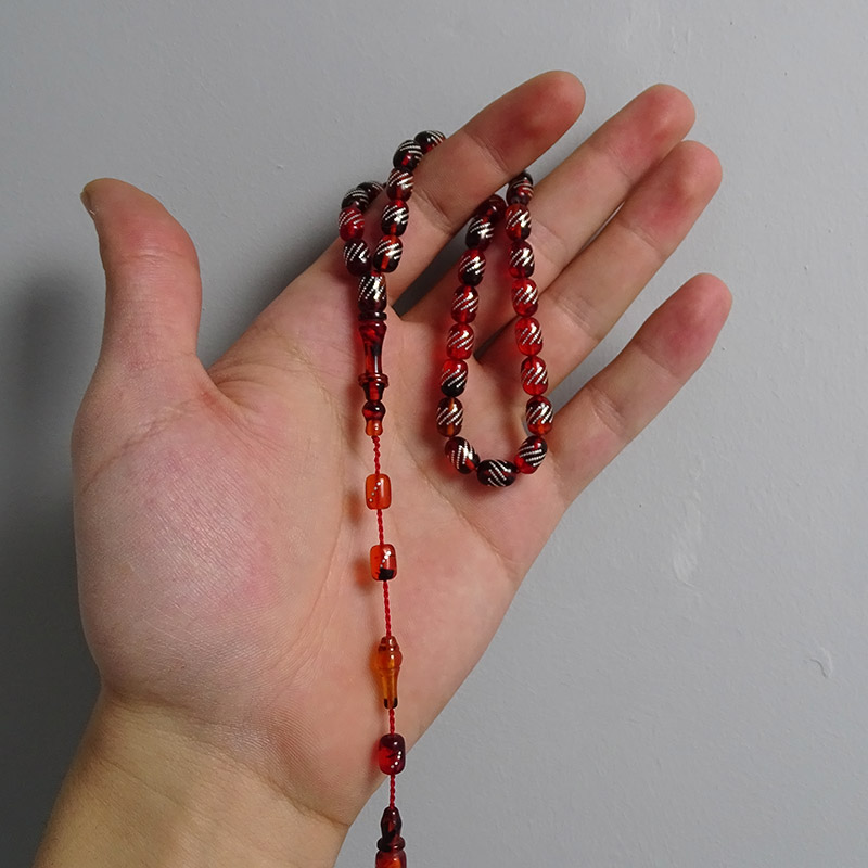 Gümüş Çakımlı Turuncu Siyah Renk Kehribar Tesbih 