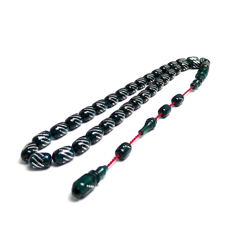 Gümüş İşlemeli Su Yeşili Renkte Kapsul Kesim Kehribar Tesbih 