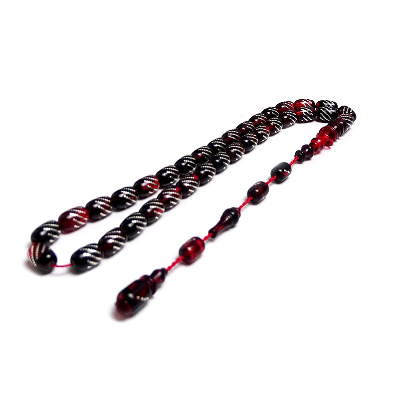 Gümüş Nokta  İşlemeli Çift renk Kehribar Tesbih