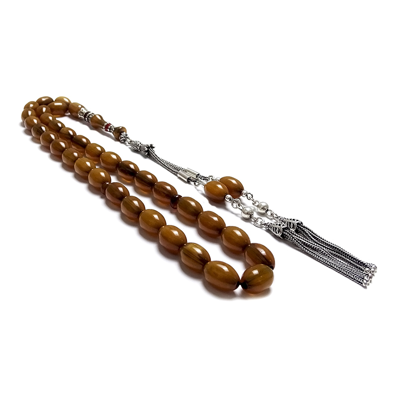 Gümüş Tasarımlı Badem Model Eskitm Sıkma Kehribarı Tesbih