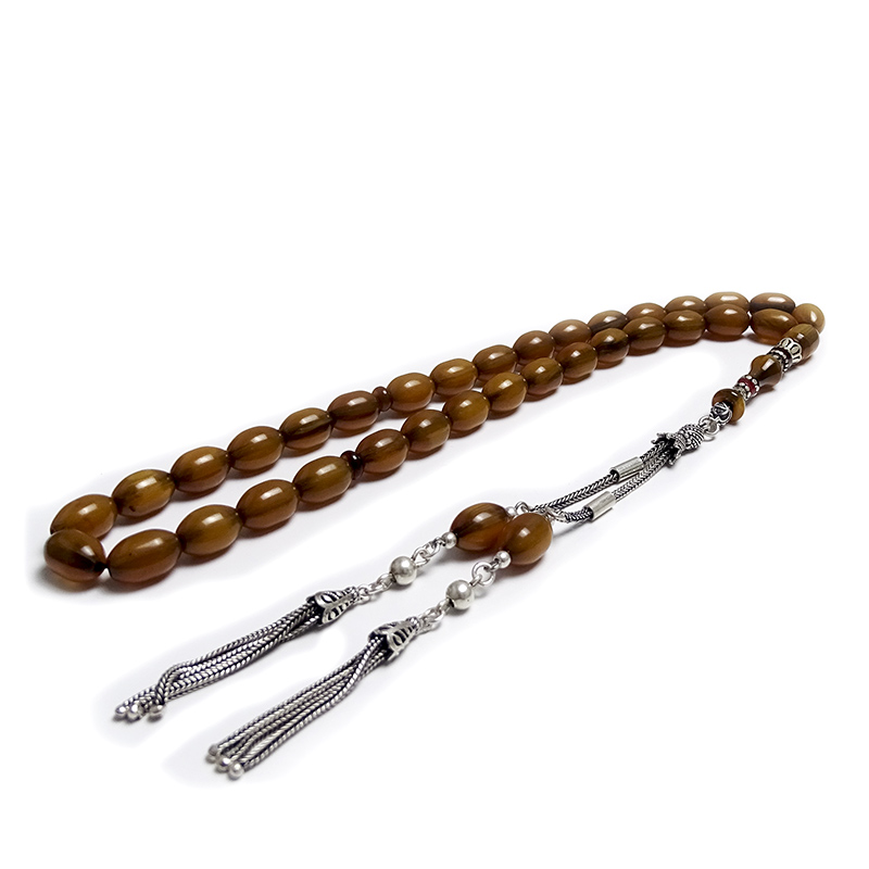 Gümüş Tasarımlı Badem Model Eskitm Sıkma Kehribarı Tesbih