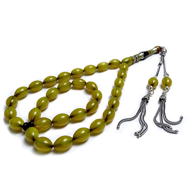 Gümüş Tasarımlı Beyzi Kesim Eskitme Sıkma Kehribarı Tesbih 