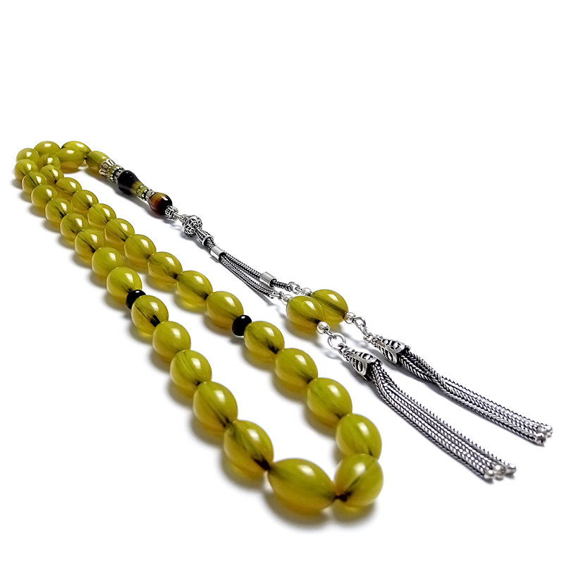 Gümüş Tasarımlı Beyzi Kesim Eskitme Sıkma Kehribarı Tesbih 