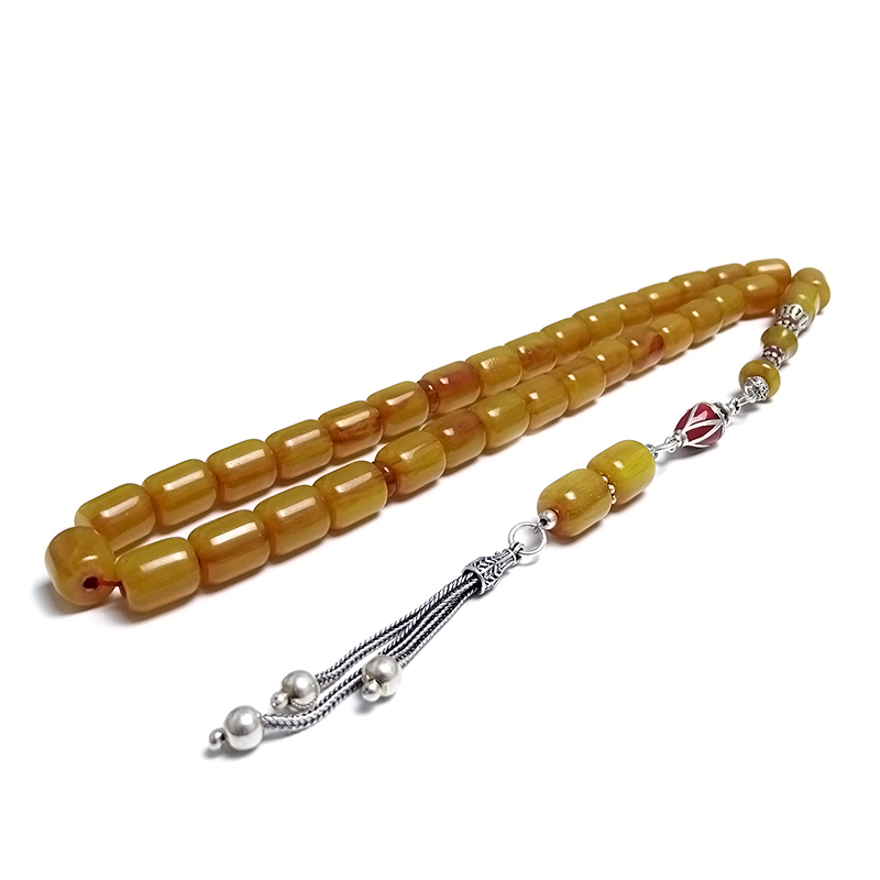 Gümüş Tasarımlı Kapsul Kesim Eskitme Sıkma Kehribar Tesbih 