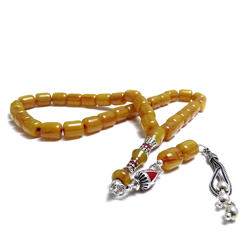 Gümüş Tasarımlı Kapsul Kesim Eskitme Sıkma Kehribar Tesbih 