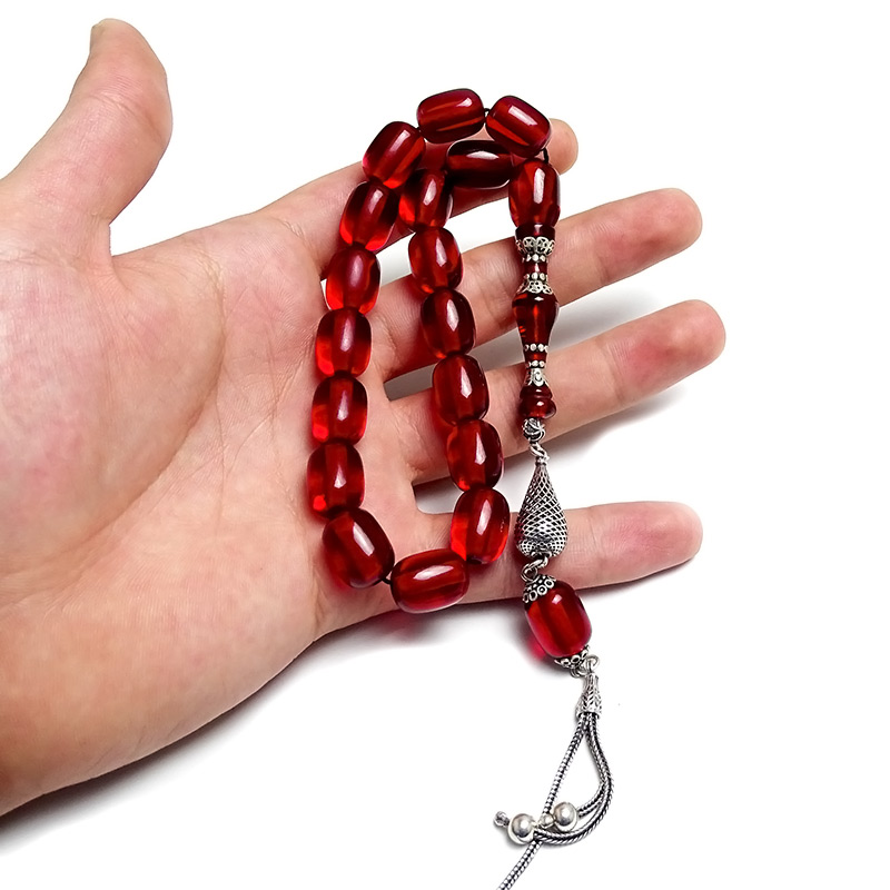 Gümüş Tasarımlı Kapsul Kesim Kırmızı Renk Maskot Tesbih