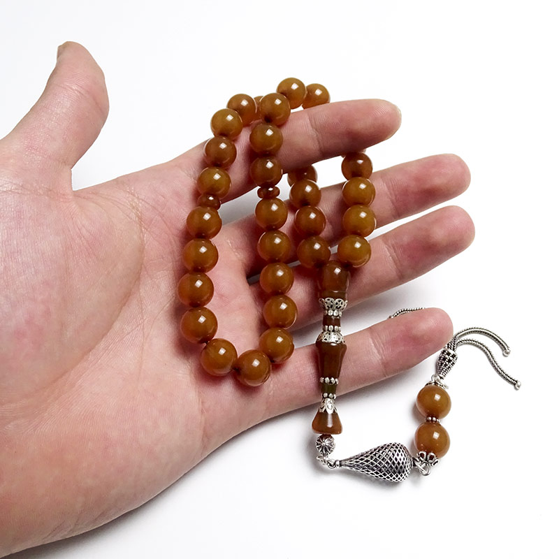 Gümüş Tasarımlı Misket Kesim Eskitme Sıkma Kehribarı Tesbih 