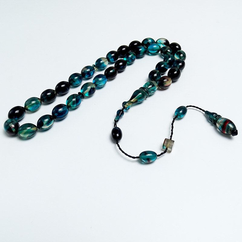 Mavi Tonlarında Sistemli Ateş Kehribarı Tesbih