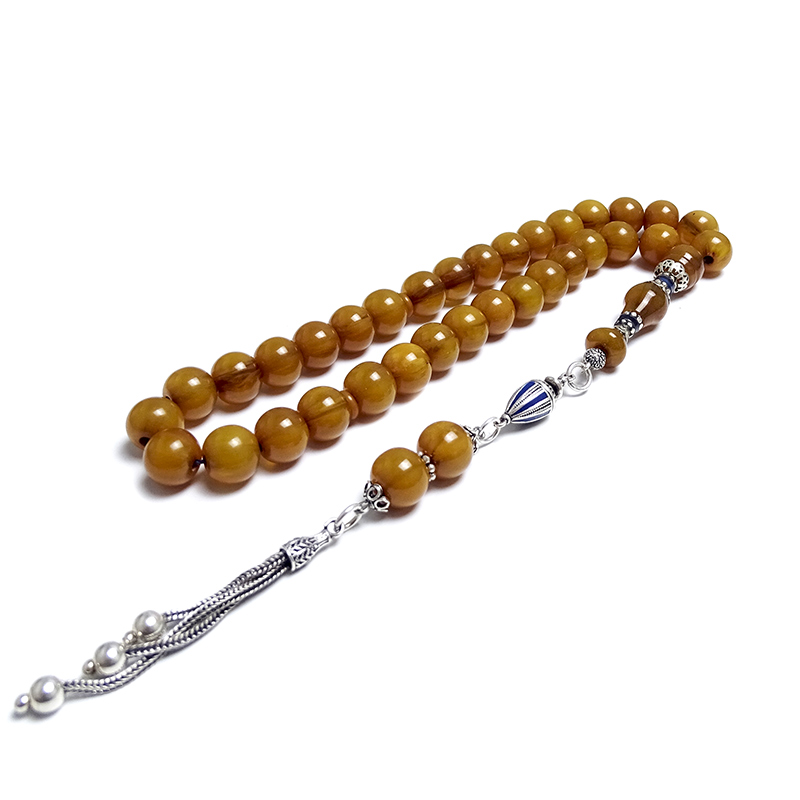 Misket Kesim Gümüş Nakkaş İmame ve Gümüş Püsküllü Eskitme Kehribarı Tesbih 