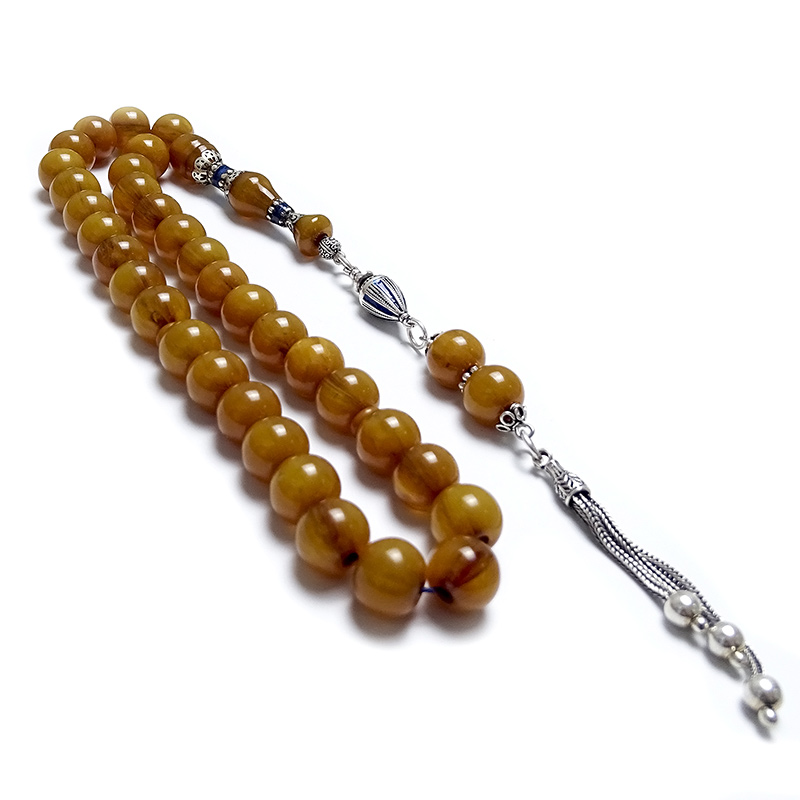 Misket Kesim Gümüş Nakkaş İmame ve Gümüş Püsküllü Eskitme Kehribarı Tesbih 