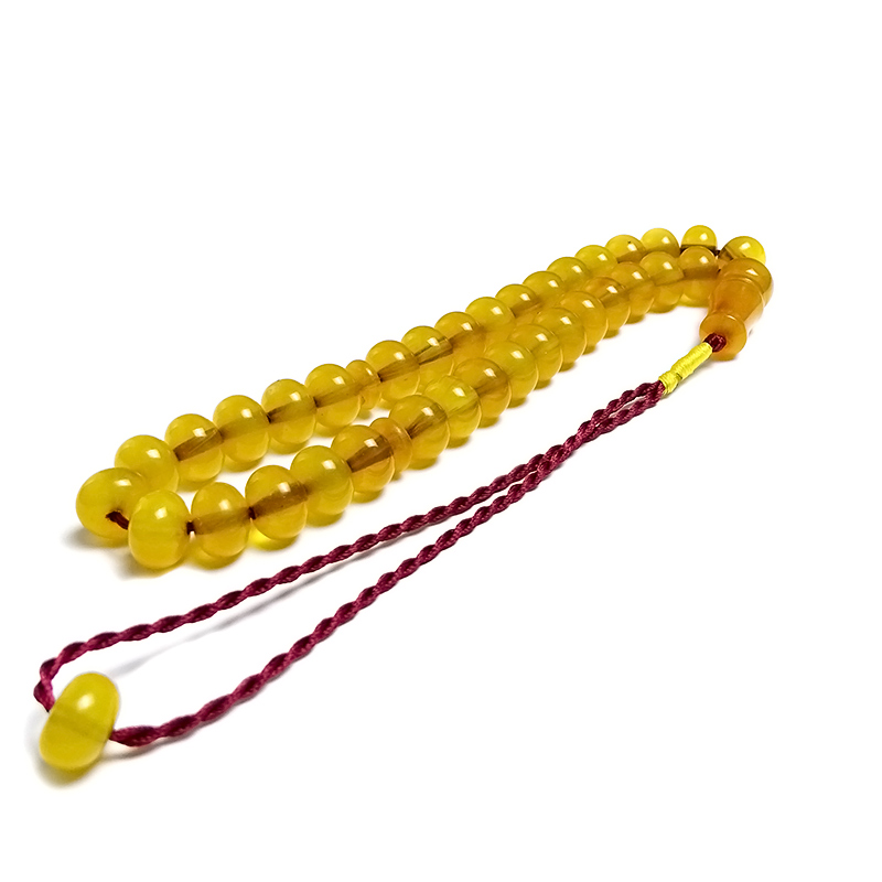 Örgü Tasarımlı Basık Model Sarı Renk Eskitme Kehribarı Tesbih 