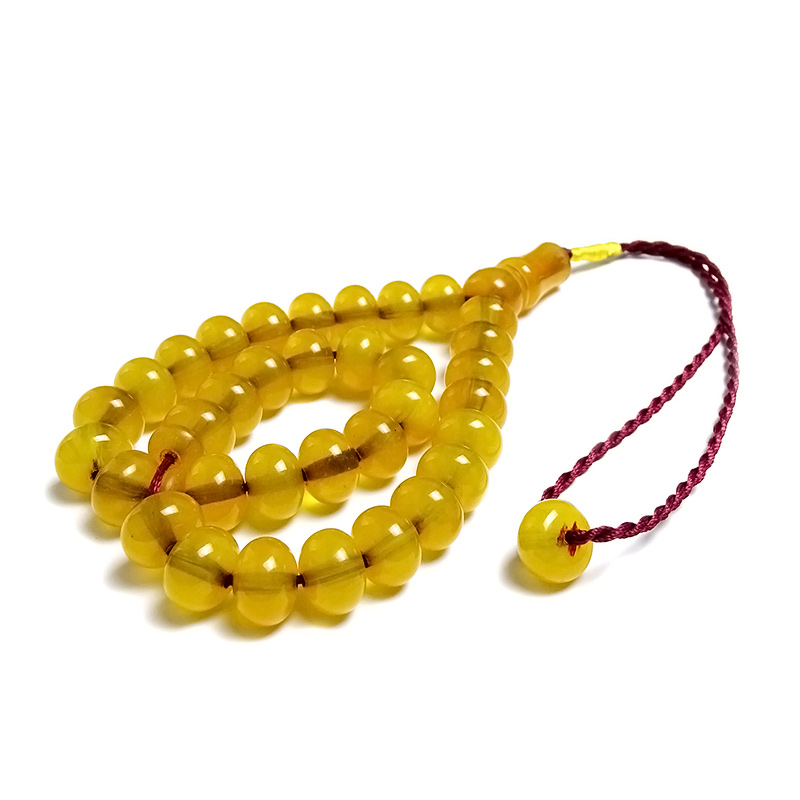 Örgü Tasarımlı Basık Model Sarı Renk Eskitme Kehribarı Tesbih 