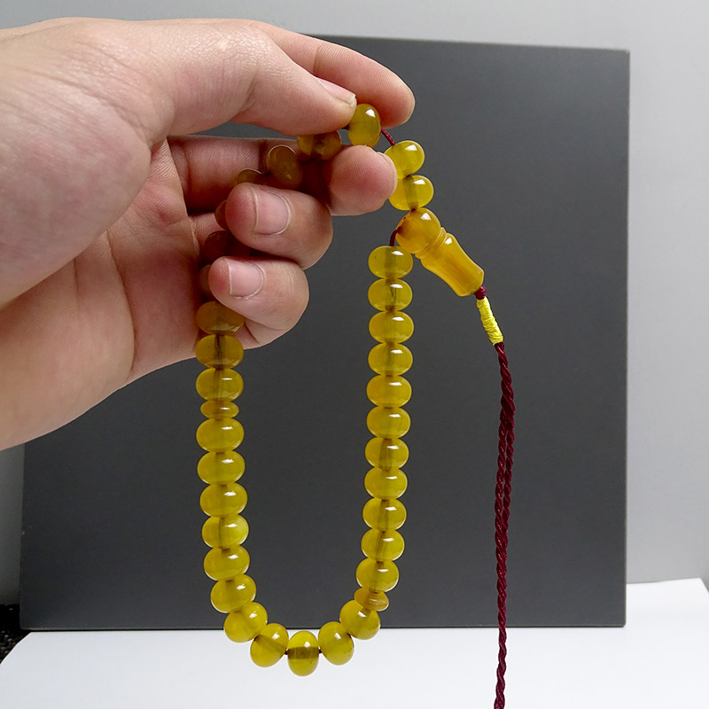 Örgü Tasarımlı Basık Model Sarı Renk Eskitme Kehribarı Tesbih 