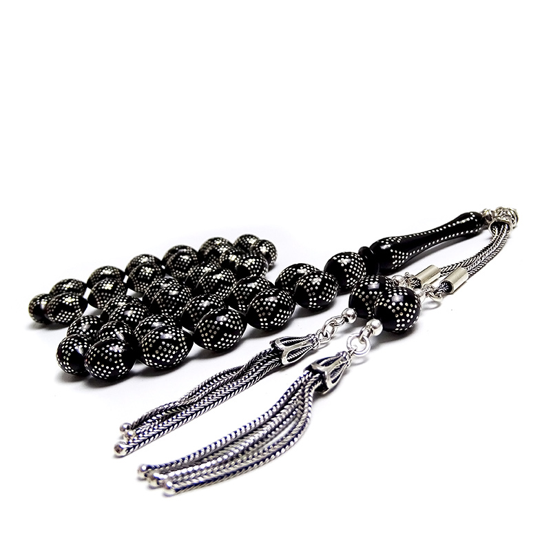 Piramit Ve Baklava Model Gümüş İşlemeli Kömür Karası Kehribar Tesbih