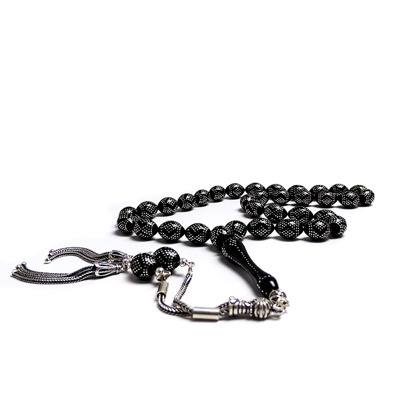 Piramit Ve Baklava Model Gümüş İşlemeli Kömür Karası Kehribar Tesbih