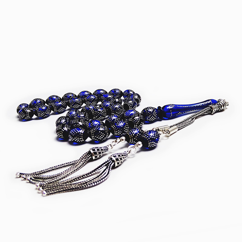 Piramit Ve Baklava Model Gümüş İşlemeli Mavi Renk Kehribar Tesbih