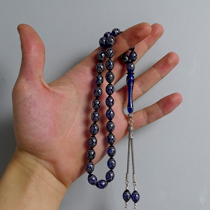 Piramit Ve Baklava Model Gümüş İşlemeli Mavi Renk Kehribar Tesbih