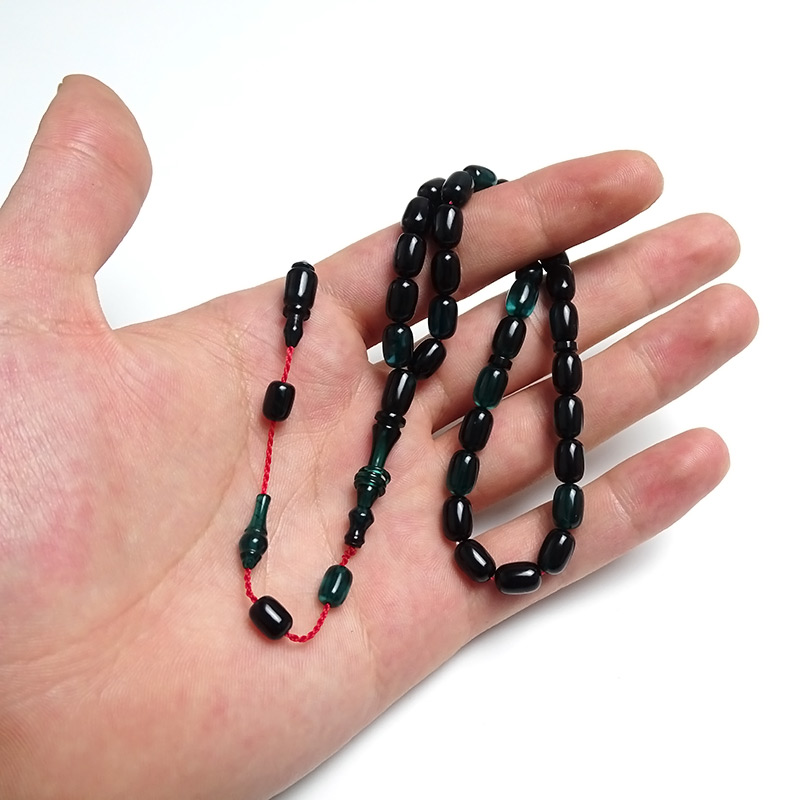 Turkuaz Siyah İşçilikli İmame Kapsul Kesim Ateş Kehribarı Tesbih 