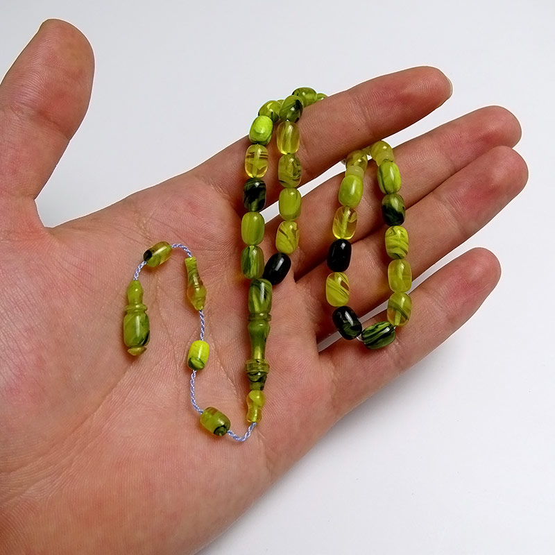 Yeşil Tonlarında Hareli Ateş Kehribarı Tesbih 