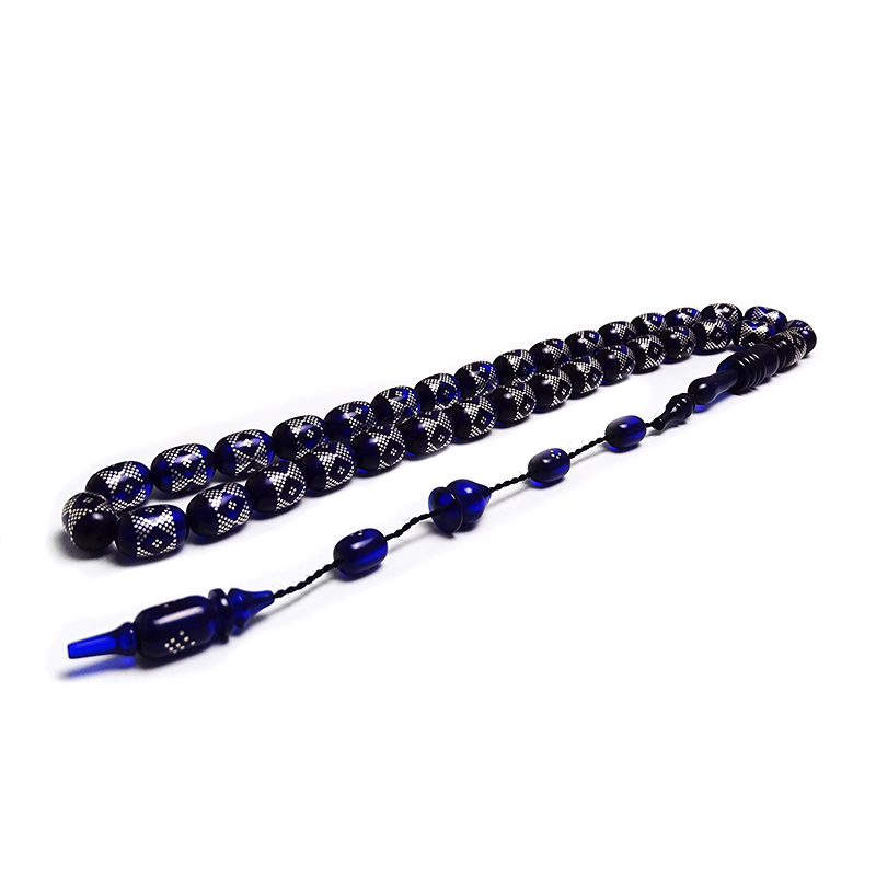 Yoğun Gümüş İşlemeli Usta İşi Kehribar Tesbih 