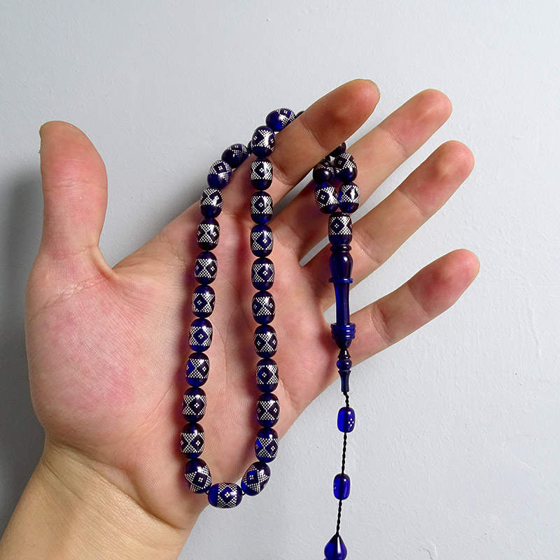 Yoğun Gümüş İşlemeli Usta İşi Kehribar Tesbih 